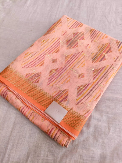422007 Designer Soft Linen Digital Printed Saree with Zari Weaving - Peach