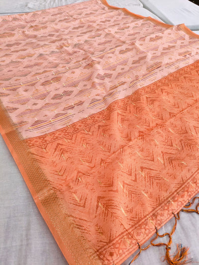 422007 Designer Soft Linen Digital Printed Saree with Zari Weaving - Peach