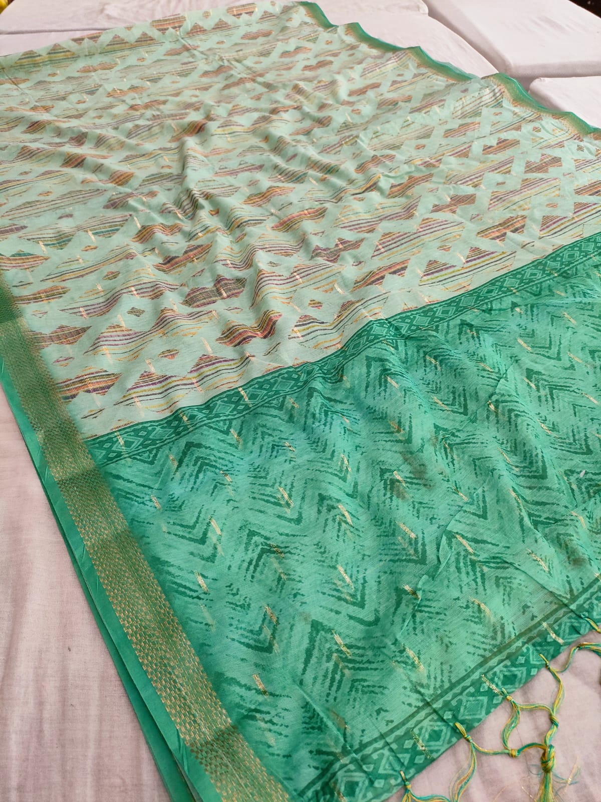 422007 Designer Soft Linen Digital Printed Saree with Zari Weaving - Green