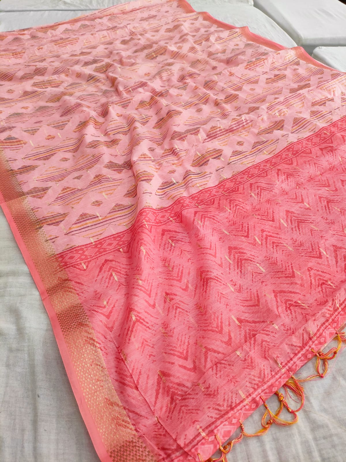 422007 Designer Soft Linen Digital Printed Saree with Zari Weaving - Pink