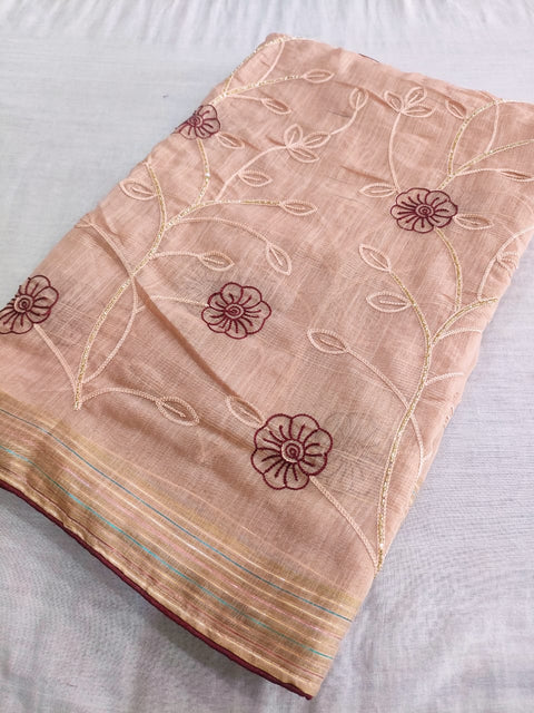 433003 Soft Linen Semi Party Wear Embroidery Sarees