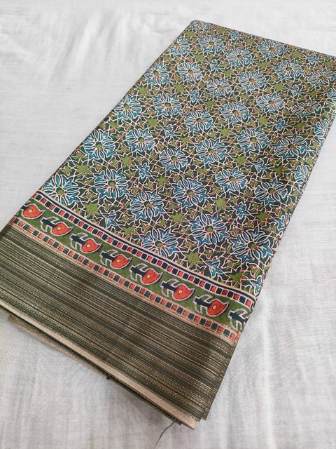 459004 Semi Silk Ajrakh Print Saree With Antique Zari Weaving Border