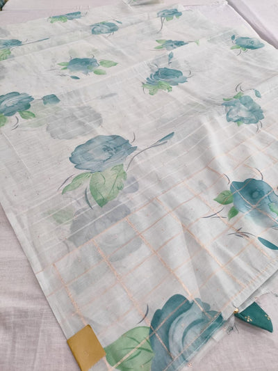 463005 ऑर्गेंज़ा सेमी पार्टी वियर प्रिंटेड साड़ी ज़री बुनाई ब्लाउज के साथ 