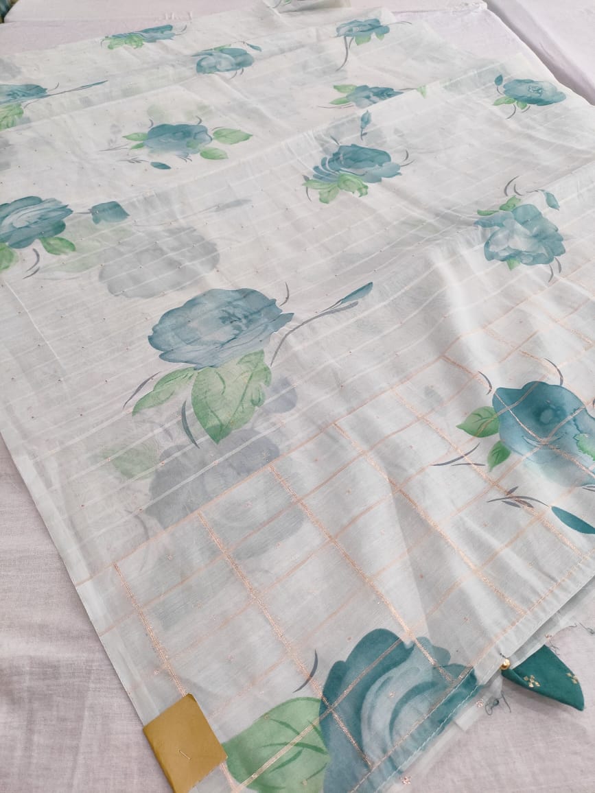 463005 ऑर्गेंज़ा सेमी पार्टी वियर प्रिंटेड साड़ी ज़री बुनाई ब्लाउज के साथ 