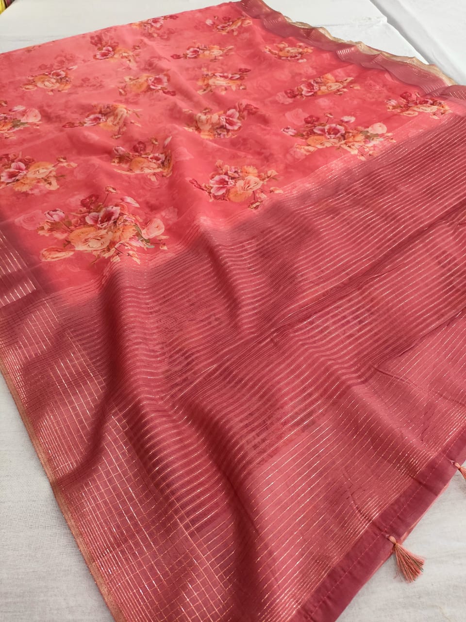 463008 Organza Semi Party wear Printed Saree with Zari Weaving Border