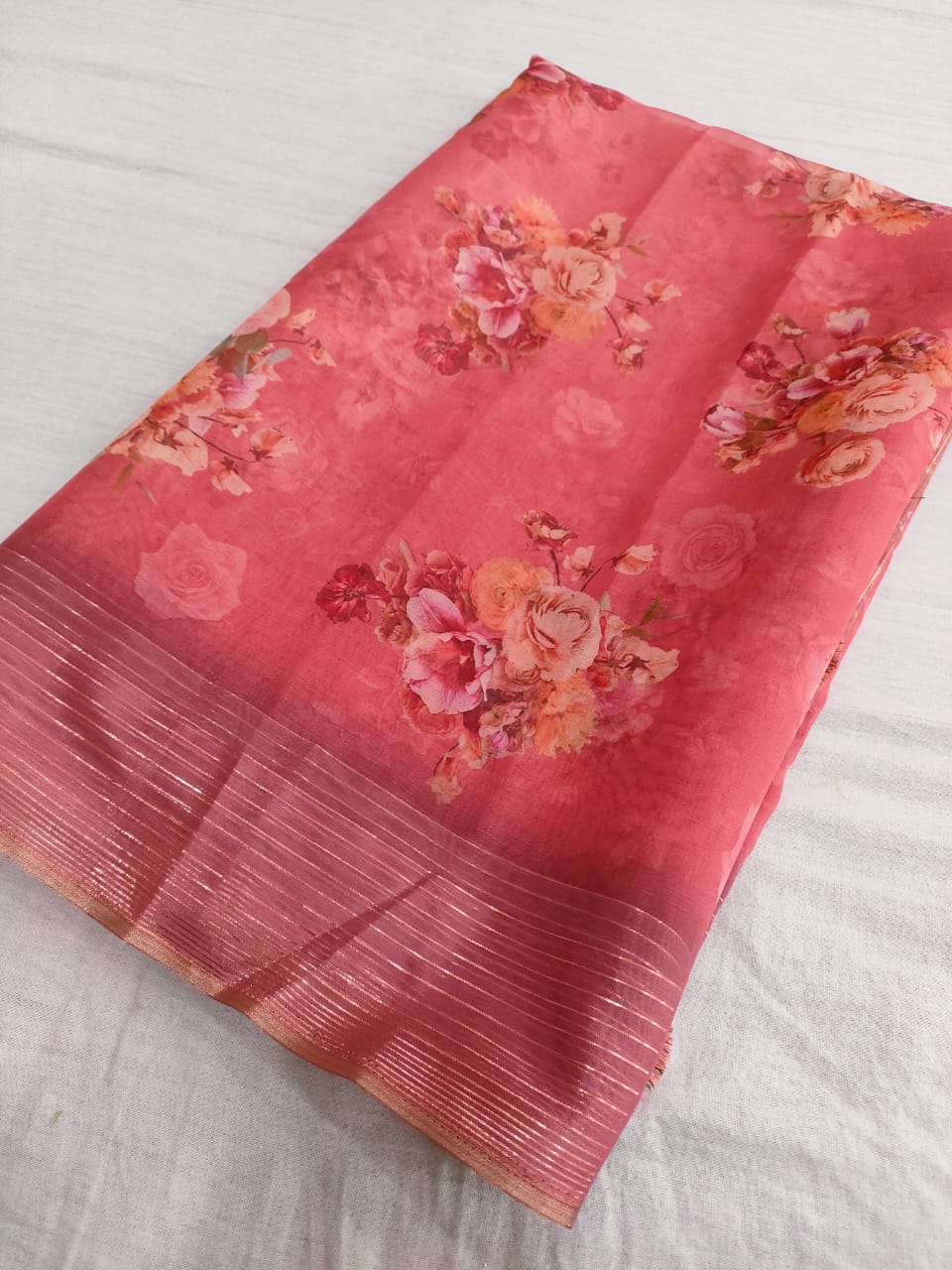 463008 Organza Semi Party wear Printed Saree with Zari Weaving Border
