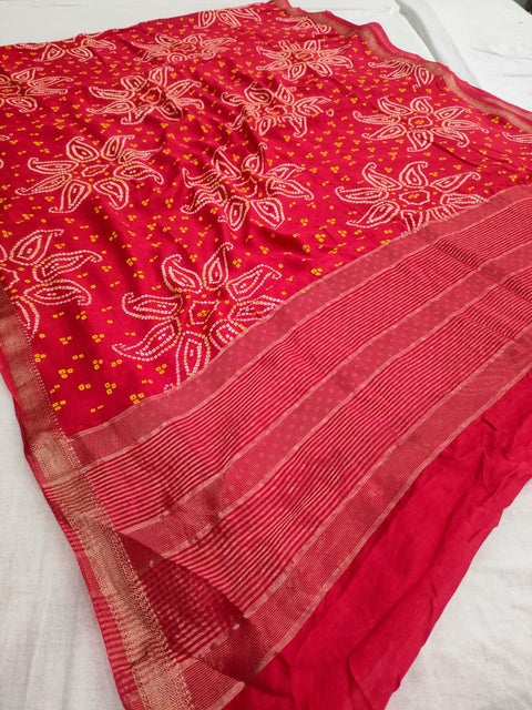 480002 Designer Pure Muslin Bandhani Saree With Zari Work - Red