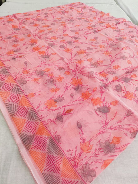 485006 Supernet Flower Print Saree - Baby Pink