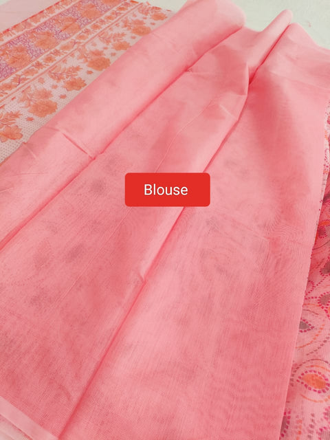 485004 Supernet Flower Print Saree - Baby Pink