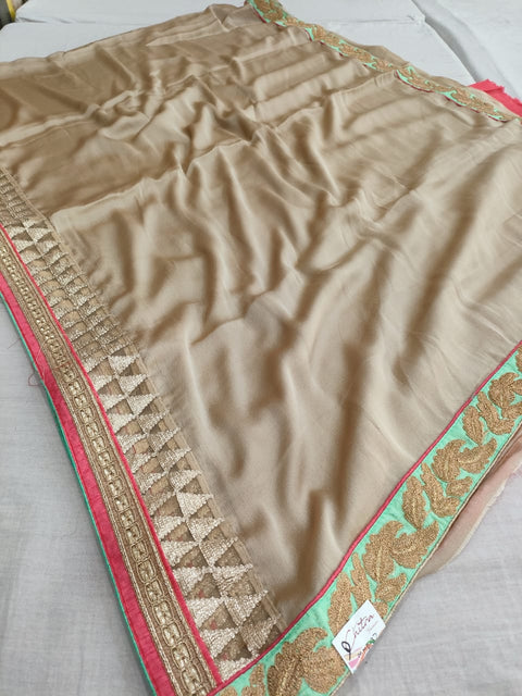 492001 Designer Fancy Chinon Silk Saree With Heavy Border And Heavy Blouse - Golden Green