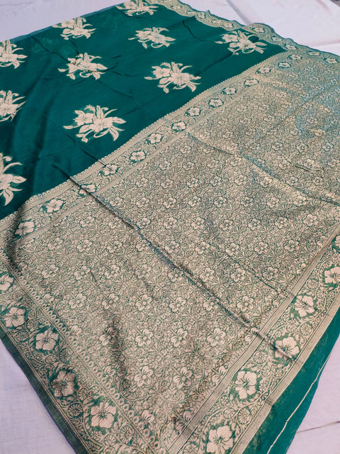495003 Soft Linen Saree With Antique Banarasi Zari Weaving - Green