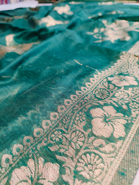 495003 Soft Linen Saree With Antique Banarasi Zari Weaving - Green