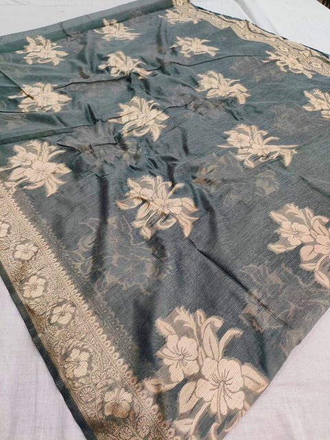 495003 Soft Linen Saree With Antique Banarasi Zari Weaving - Gray
