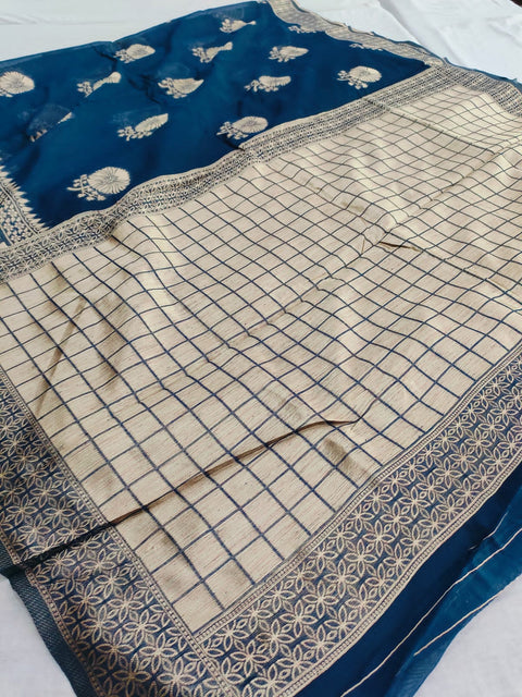 495001 Soft Linen Saree With Antique Banarasi Zari Weaving - Blue