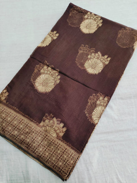 495001 Soft Linen Saree With Antique Banarasi Zari Weaving - Brown