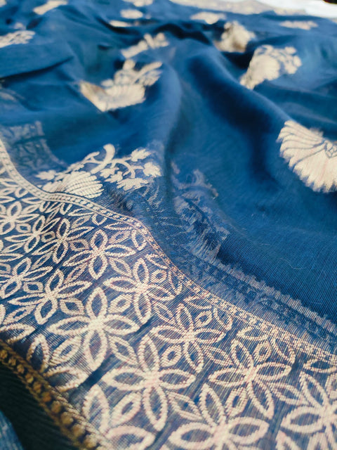 495001 Soft Linen Saree With Antique Banarasi Zari Weaving - Blue