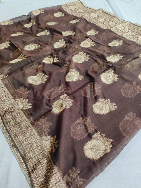 495001 Soft Linen Saree With Antique Banarasi Zari Weaving - Brown
