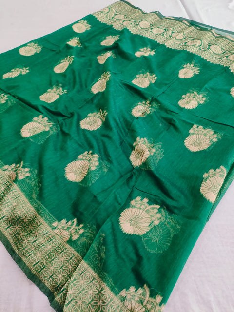 495001 Soft Linen Saree With Antique Banarasi Zari Weaving - Green