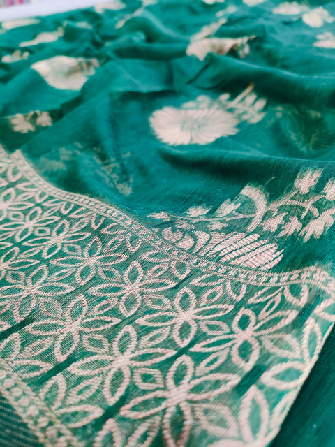 495001 Soft Linen Saree With Antique Banarasi Zari Weaving - Green