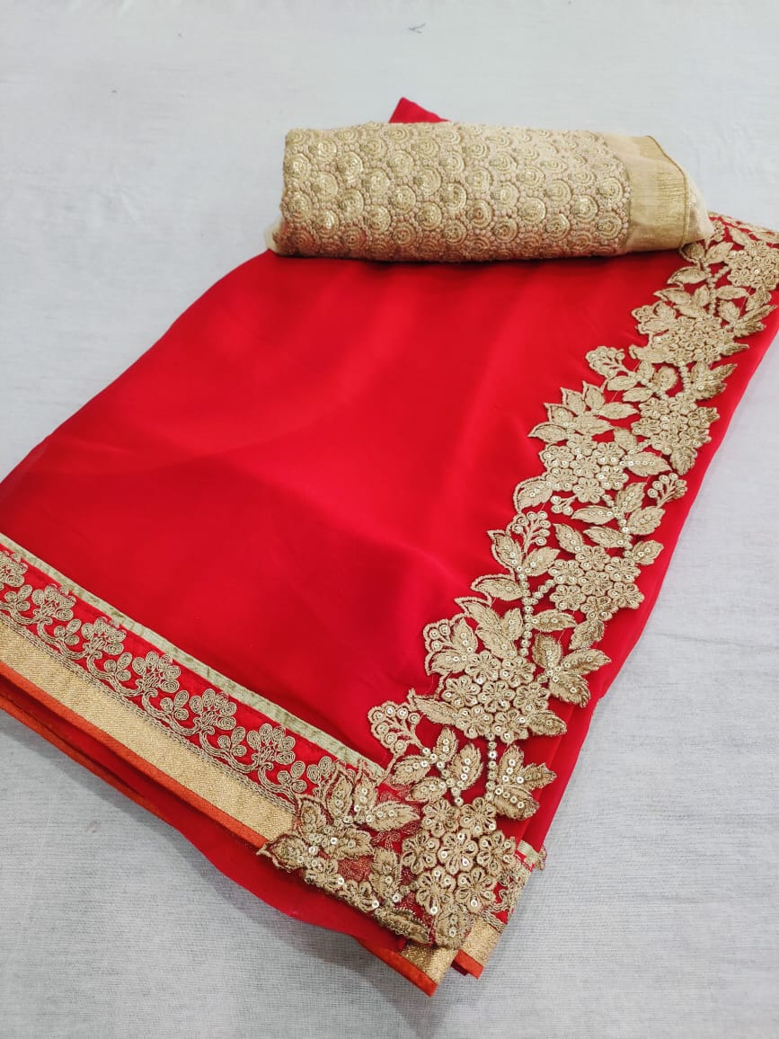 499002 डिजाइनर जॉर्जेट साड़ी भारी डिजाइनर बॉर्डर और भारी अनुक्रम ब्लाउज के साथ 