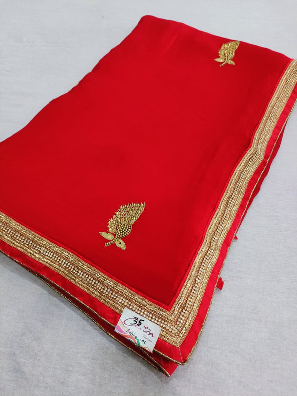 499001 Designer Chinon Silk Saree With Heavy designer Kundan and Resham Work