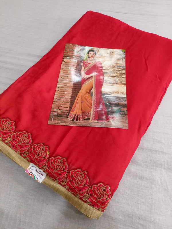 499009 Designer Half and Half Georgette and Dola Silk Saree with Heavy Embroidery Work