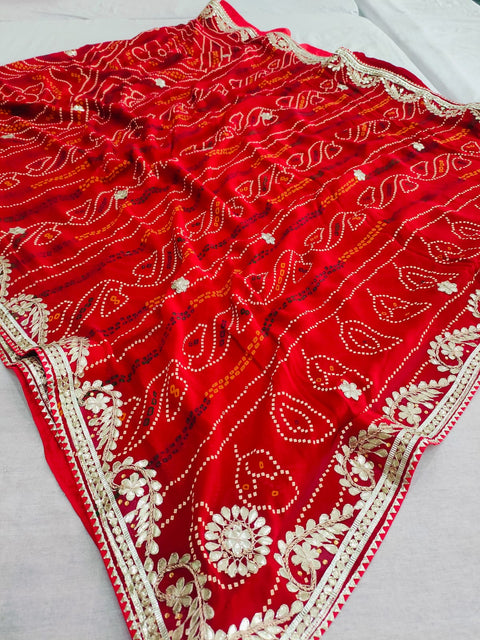 500004 Traditional Bandhani Saree With Rajasthani Gota Patti Work