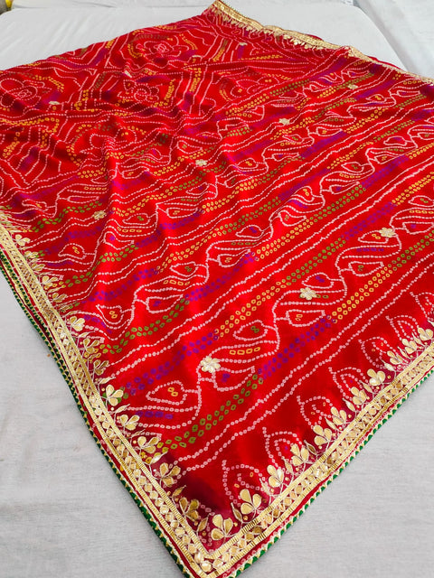 500002 Traditional Bandhani Saree With Rajasthani Gota Patti Work