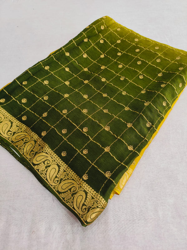 157003 Pure Chinon Silk Party Wear Designer Saree With Heavy Zari Embroidery - Green