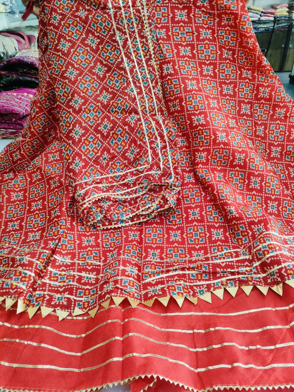 502002 Patola Print Kota Doria Silk Lehanga With Dupatta with Gota patti Work - Red