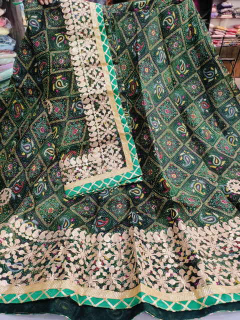 502004 Dye Tie  Shibori Kota Doria Silk Lehanga With Dupatta with Sequence Work - Green