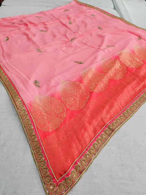 159008 Pure Russian Sillk Saree With Unique Banarasi Pallu and Kolkata Handwork - Pink