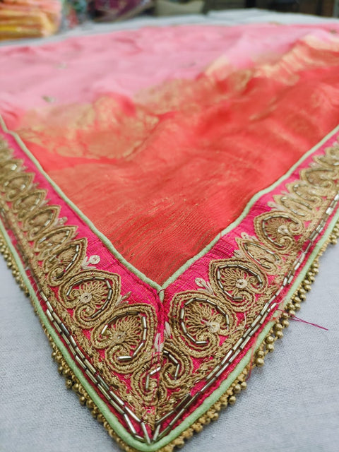 159008 Pure Russian Sillk Saree With Unique Banarasi Pallu and Kolkata Handwork - Pink
