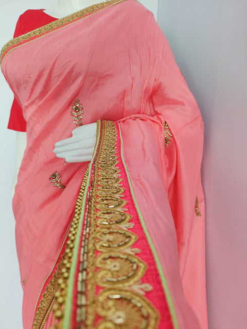 159008 Pure Russian Sillk Saree With Unique Banarasi Pallu and Kolkata Handwork - Pink