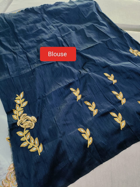159001 Pure Russian Silk Saree With Unique and Heavy Handwork On Border and All Over Saree