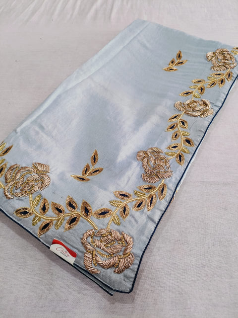 159001 Pure Russian Silk Saree With Unique and Heavy Handwork On Border and All Over Saree