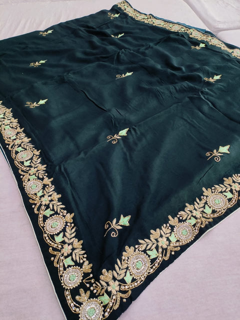 159003 Pure Russian Silk Saree With Unique Handwork On Border and All Over Saree