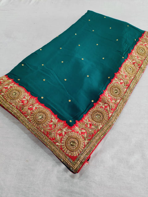 159002 Pure Georgette Saree With Unique and Heavy Handwork On Border and All Over Saree- Green