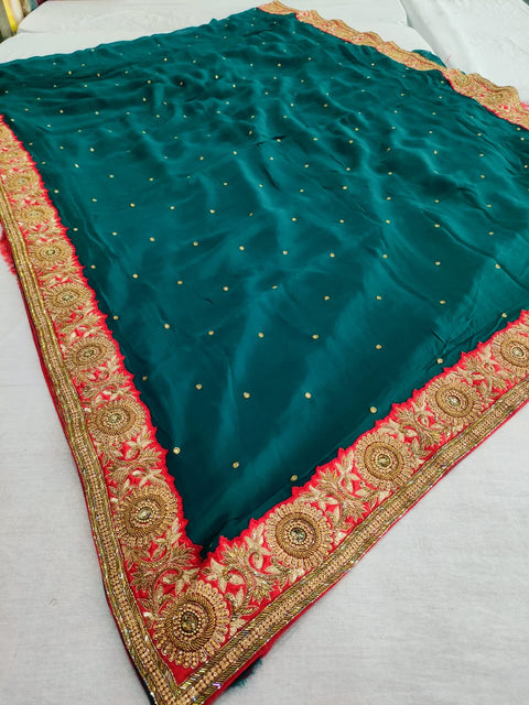 159002 Pure Georgette Saree With Unique and Heavy Handwork On Border and All Over Saree- Green