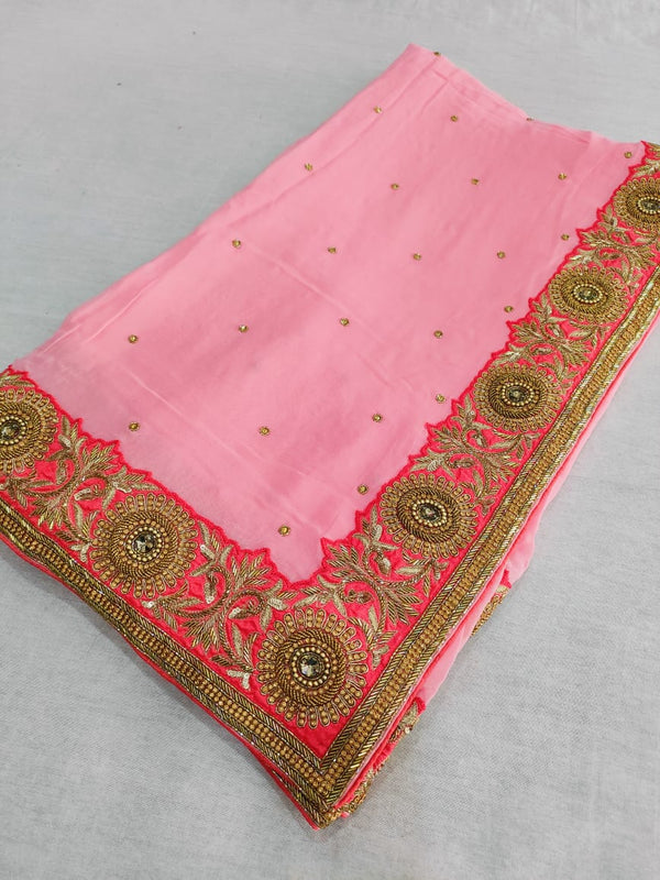 159002 Pure Georgette Saree With Unique and Heavy Handwork On Border and All Over Saree- Pink