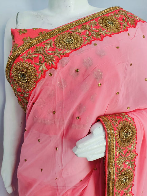 159002 Pure Georgette Saree With Unique and Heavy Handwork On Border and All Over Saree- Pink