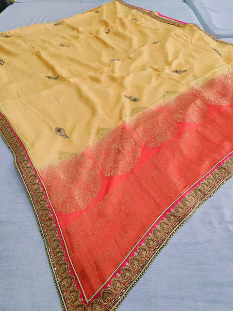 159008 Pure Russian Sillk Saree With Unique Banarasi Pallu and Kolkata Handwork - Yellow