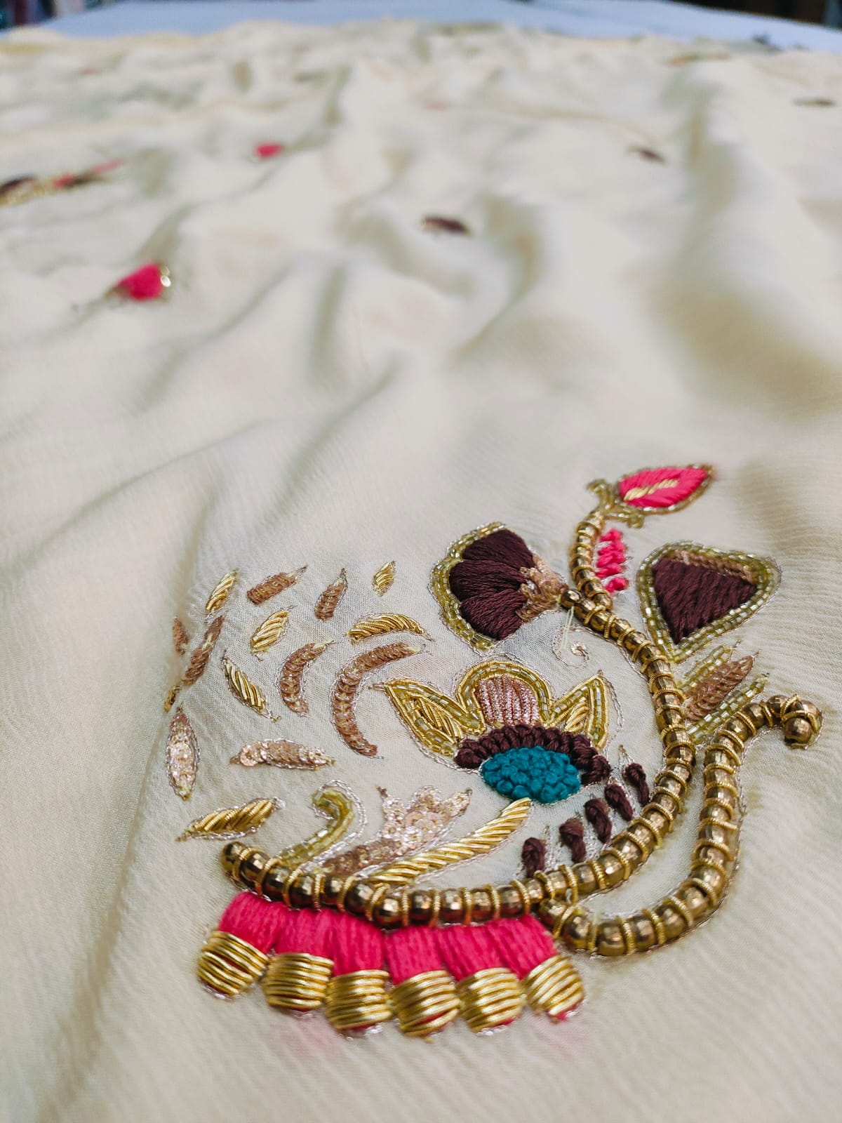 160007 Pure Chiffon Crap Saree with Designer Cutdana and Beats Handwork