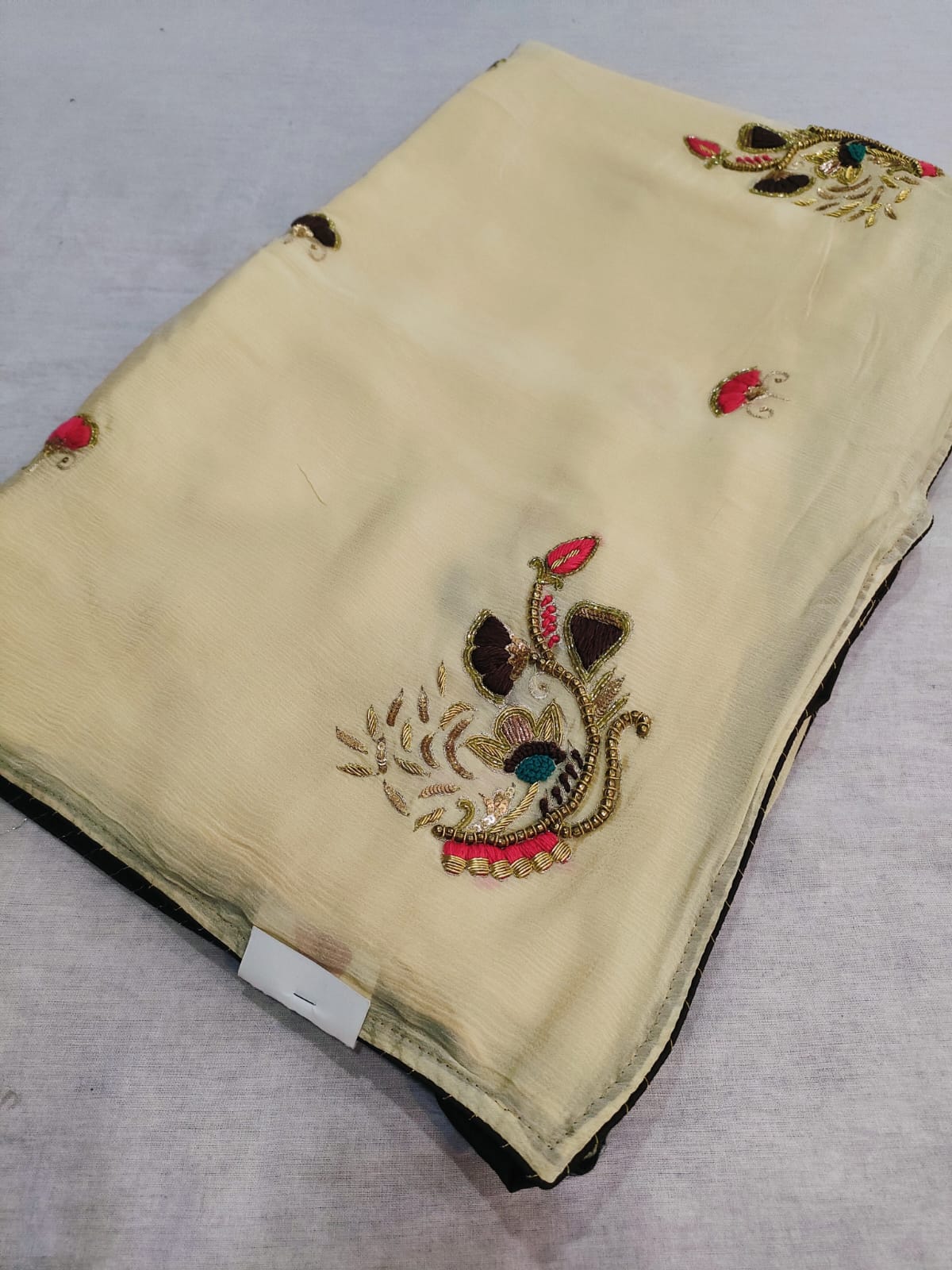 160007 Pure Chiffon Crap Saree with Designer Cutdana and Beats Handwork