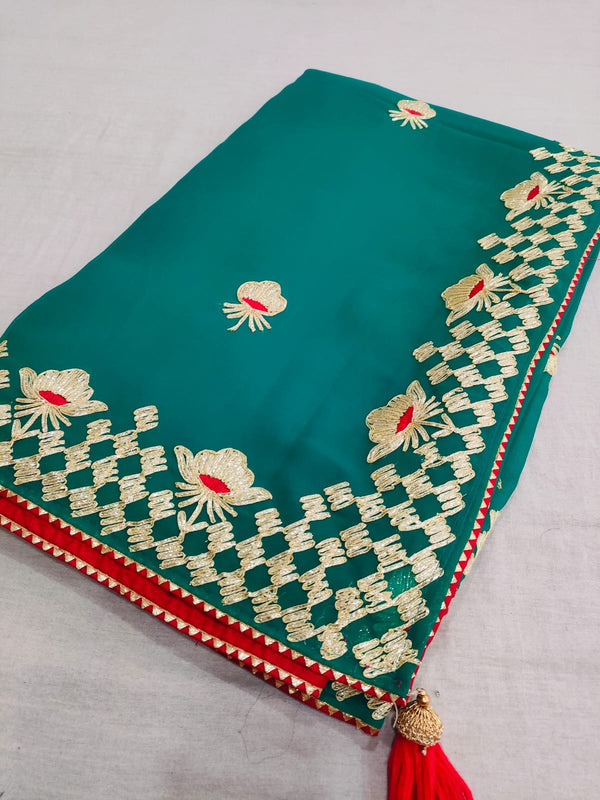 523003 Rajasthani Gota Patti Georgette Saree - Teal Green