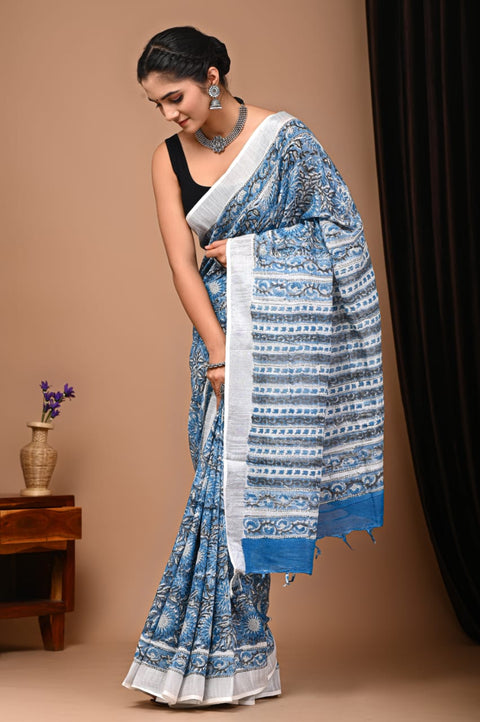 592008 Pure Linen Cotton Handblocked Printed Saree