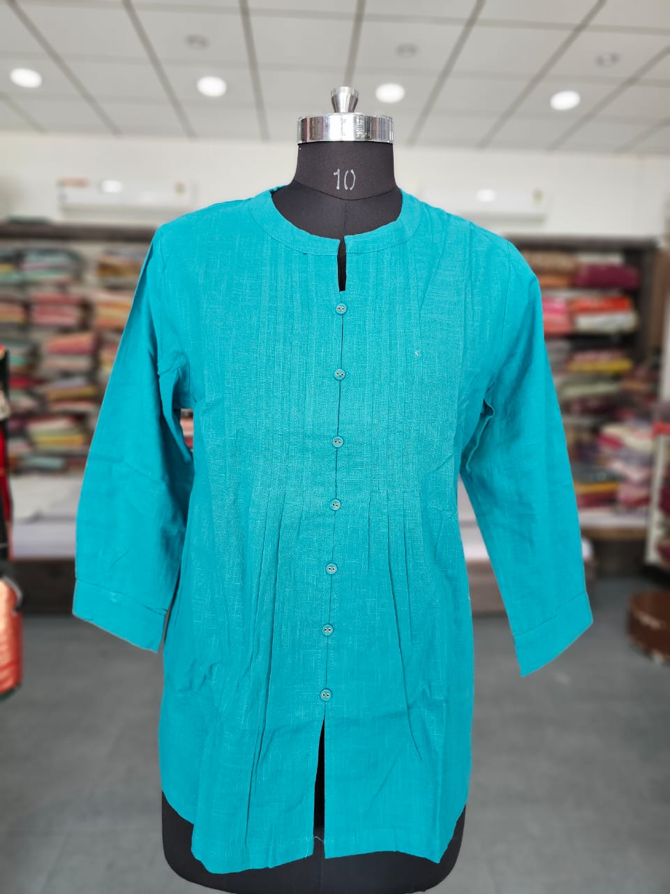 611003 Solid Color Pure Cotton Peplum Style Short Kurti - Firozi