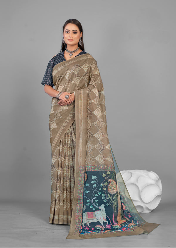 720008 Soft Semi Jute Slub Kalamkari Printed Saree 612002