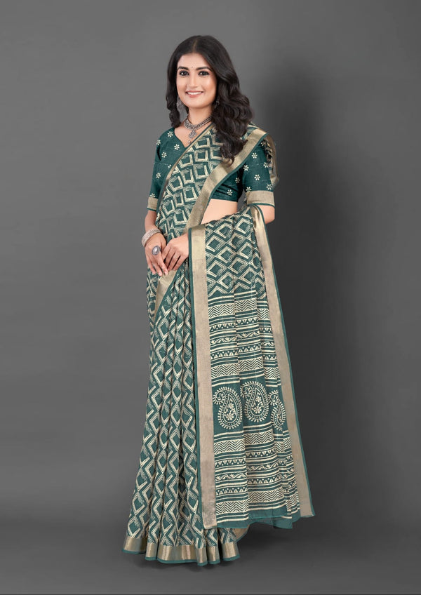 619002 Batik Printed Kankawati Silk Saree - Dark/Rama Green