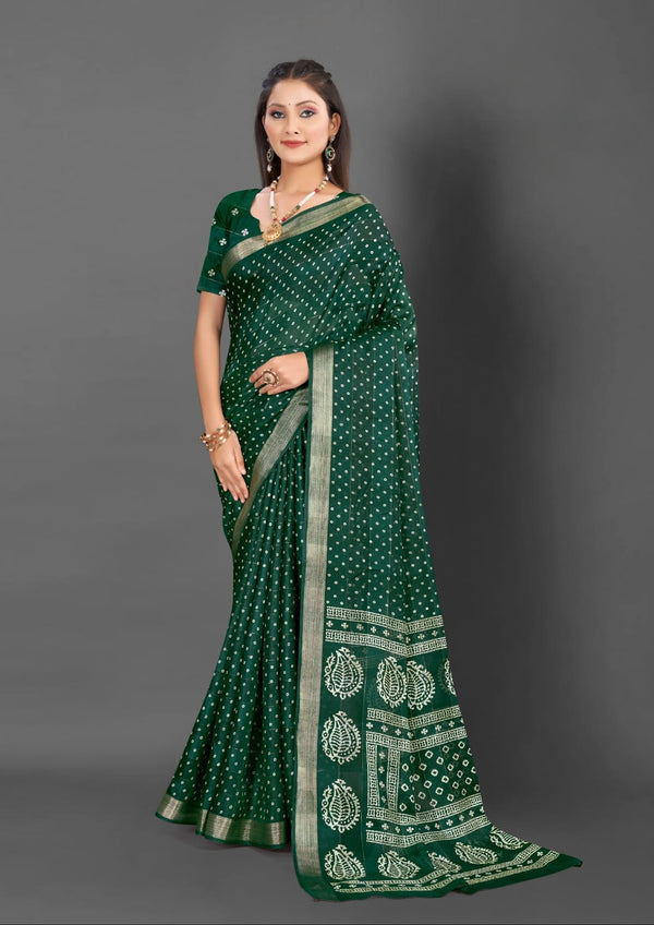 619003 Bandhani Printed Kankawati Silk Saree - Bottle Green